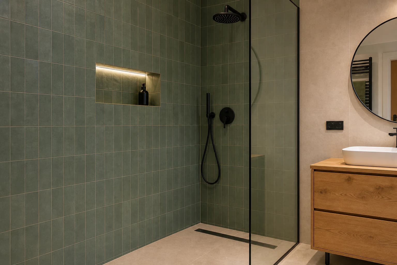 Prysznic walk-in z czarną armaturą, zielonymi płytkami i podświetloną wnęką